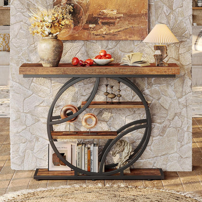Modern Console Table, 41.3 Inch Sofa Table with Artistic Curved Metal Frame, Narrow Entryway Table for Hallway, Living Room, behind Couch, Rustic Brown