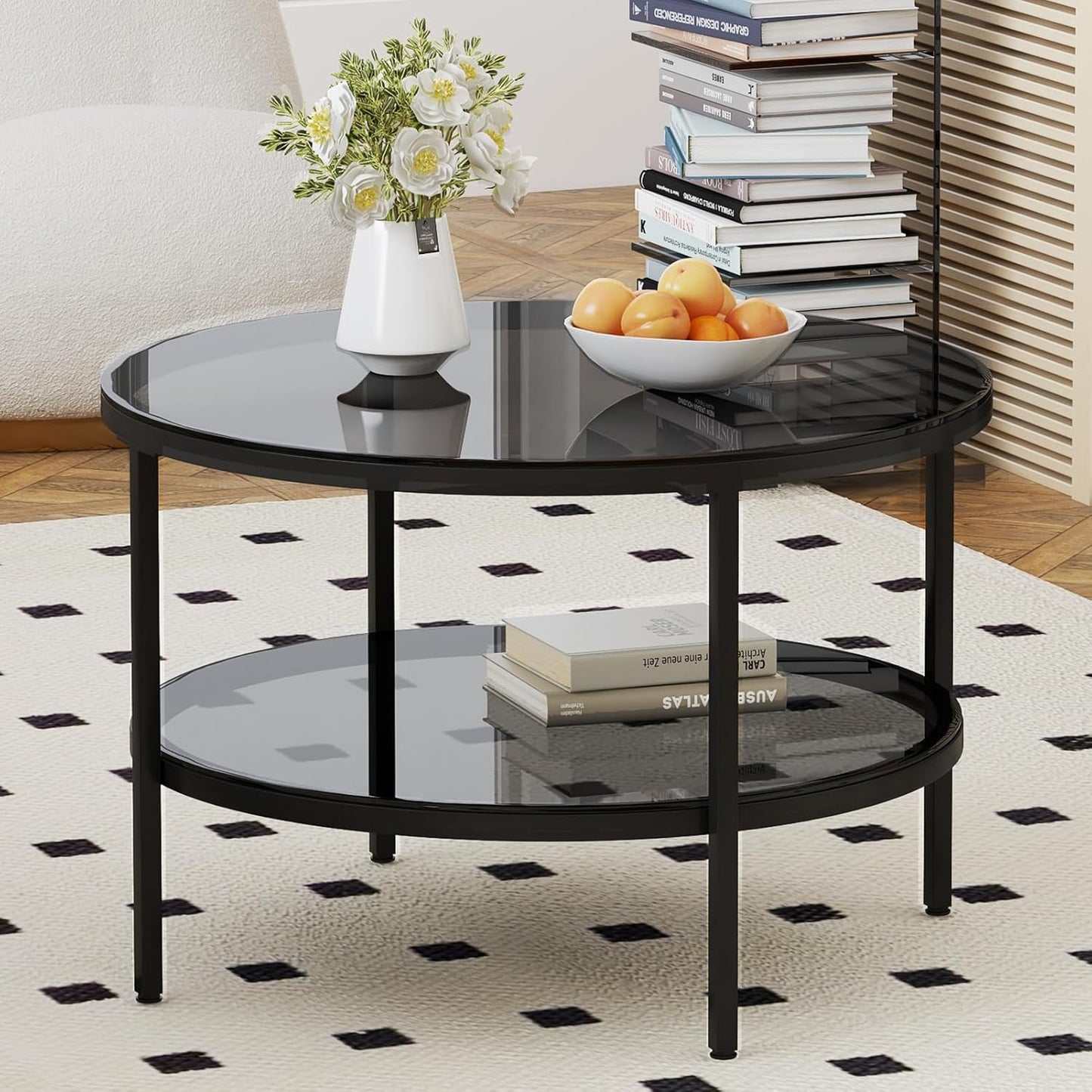 round Glass Coffee Tables for Living Room, 2-Tier Circle Coffee Table with Storage, 26" Modern Center Accent Table with Light Black Glass, Small End Table for Small Space, Bedroom
