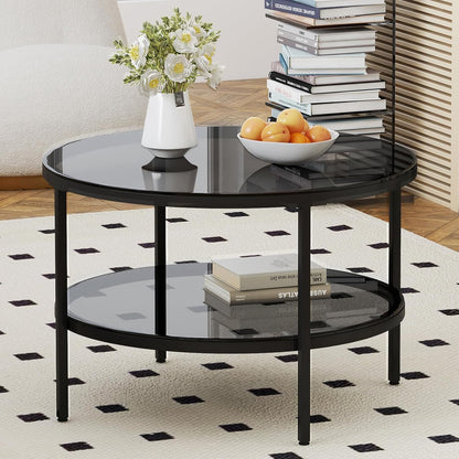 round Glass Coffee Tables for Living Room, 2-Tier Circle Coffee Table with Storage, 26" Modern Center Accent Table with Light Black Glass, Small End Table for Small Space, Bedroom