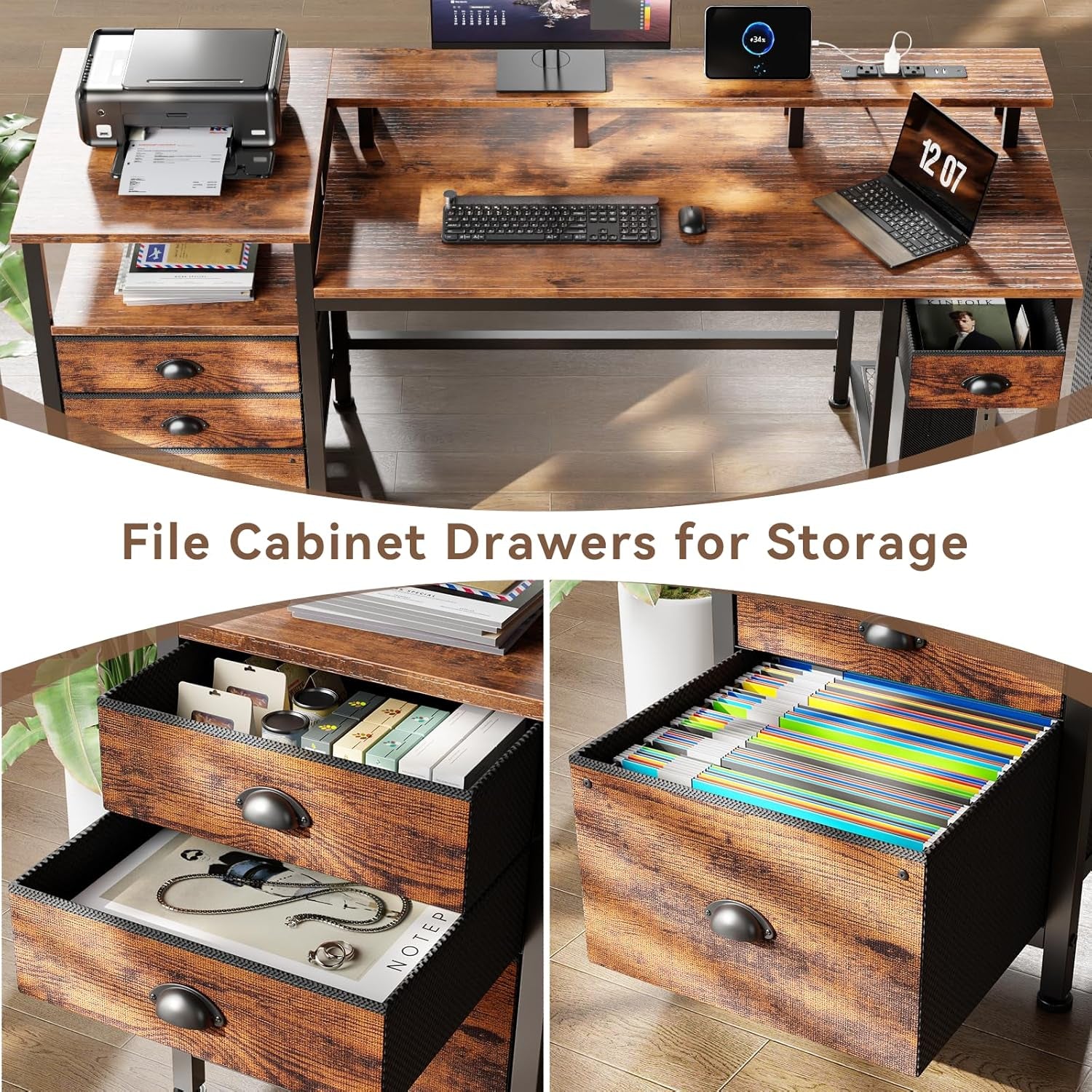 60" Computer Desk with 4 Drawers and Printer Space, Gaming Desk with LED Lights and USB Power Outlets, Office Desk with Fabric File Cabinet, Work Table with Shelf for Bedroom, Rustic Brown