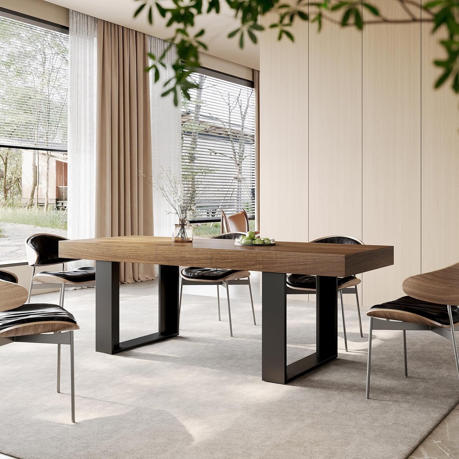 Farmhouse Rustic Extendable Dining Room Table for 8 10, 70.9" (86.6") X 31.5", Rectangular Dinner Table for 6-10, Mid Century Modern Expandable Retractable Wooden Kitchen Table (Brown)