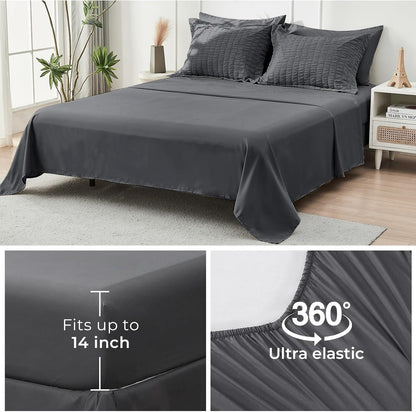 7 Piece King Size Comforter Set Seersucker, All Season Luxury Bed in a Bag for Bedroom, Bedding Set with Comforters, Sheets, Pillowcases & Shams, Dark Grey