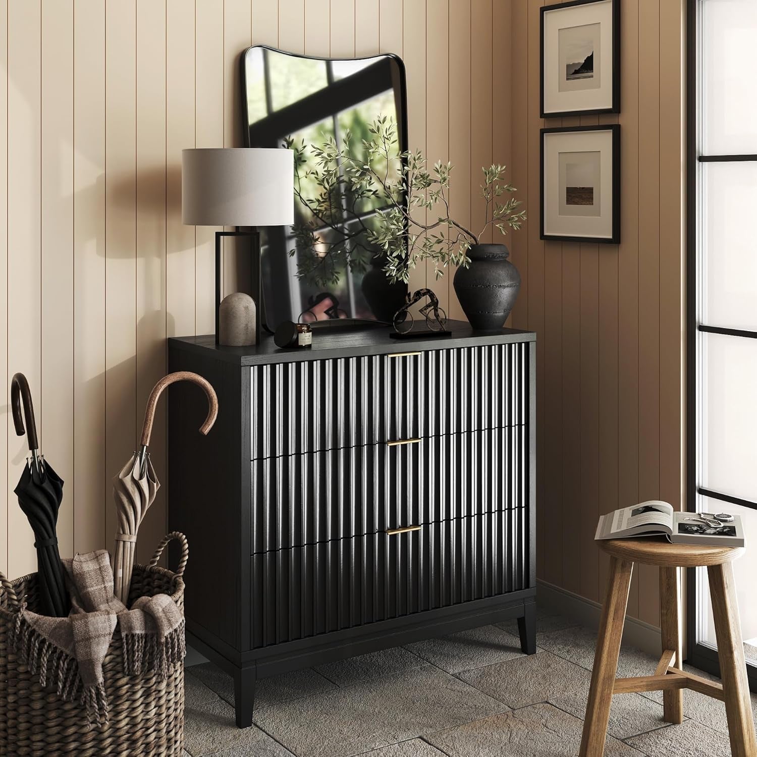 Jasper 3 Drawer, Bohemian Fluted, Solid Wood for Nursery, Small Dresser for Bedroom, Black Oak