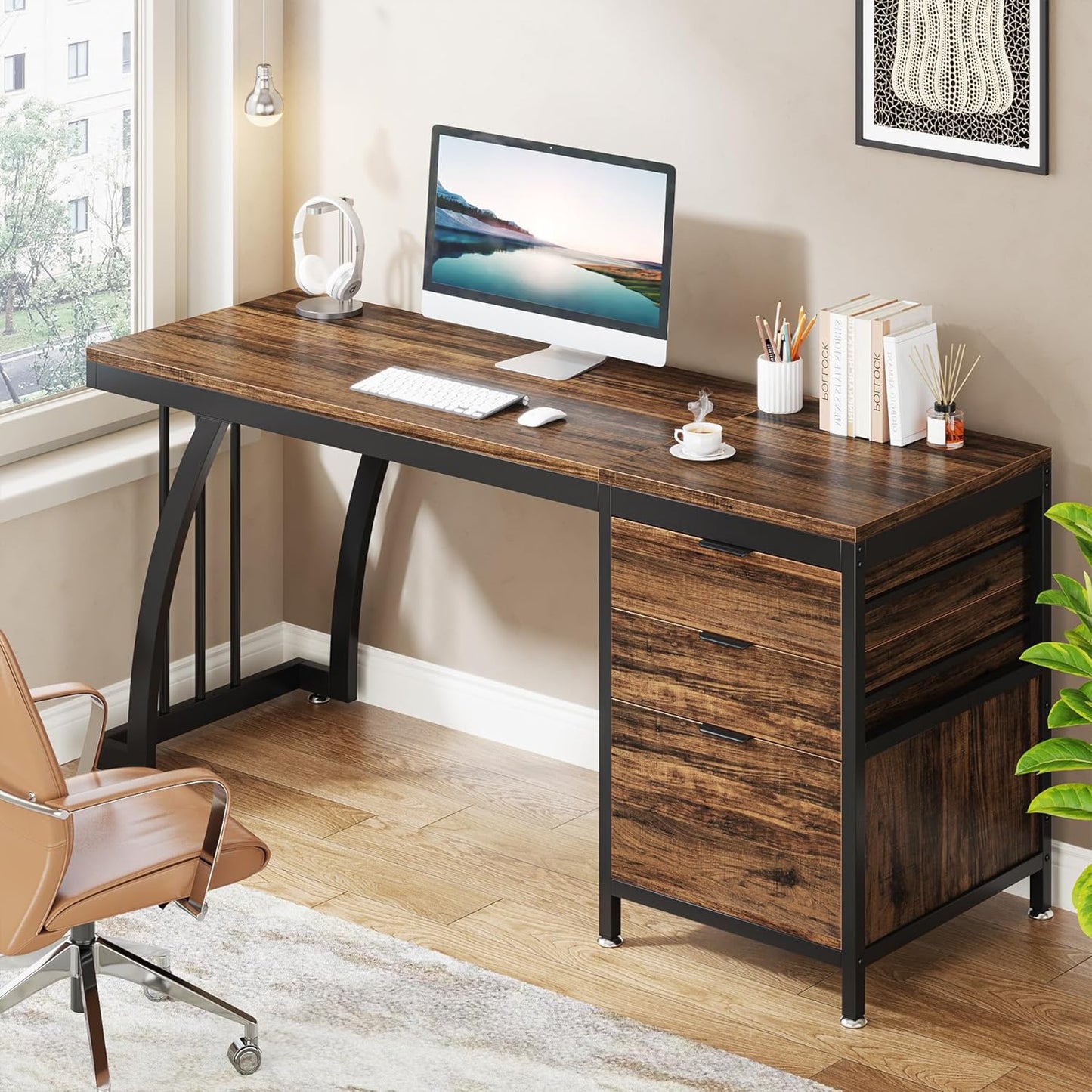 Computer Desk with 3 Drawers, 59-Inch PC Desk with Reversible Drawers, Industrial Study Writing Table Workstation with File Storage for Home Office, Rustic Brown
