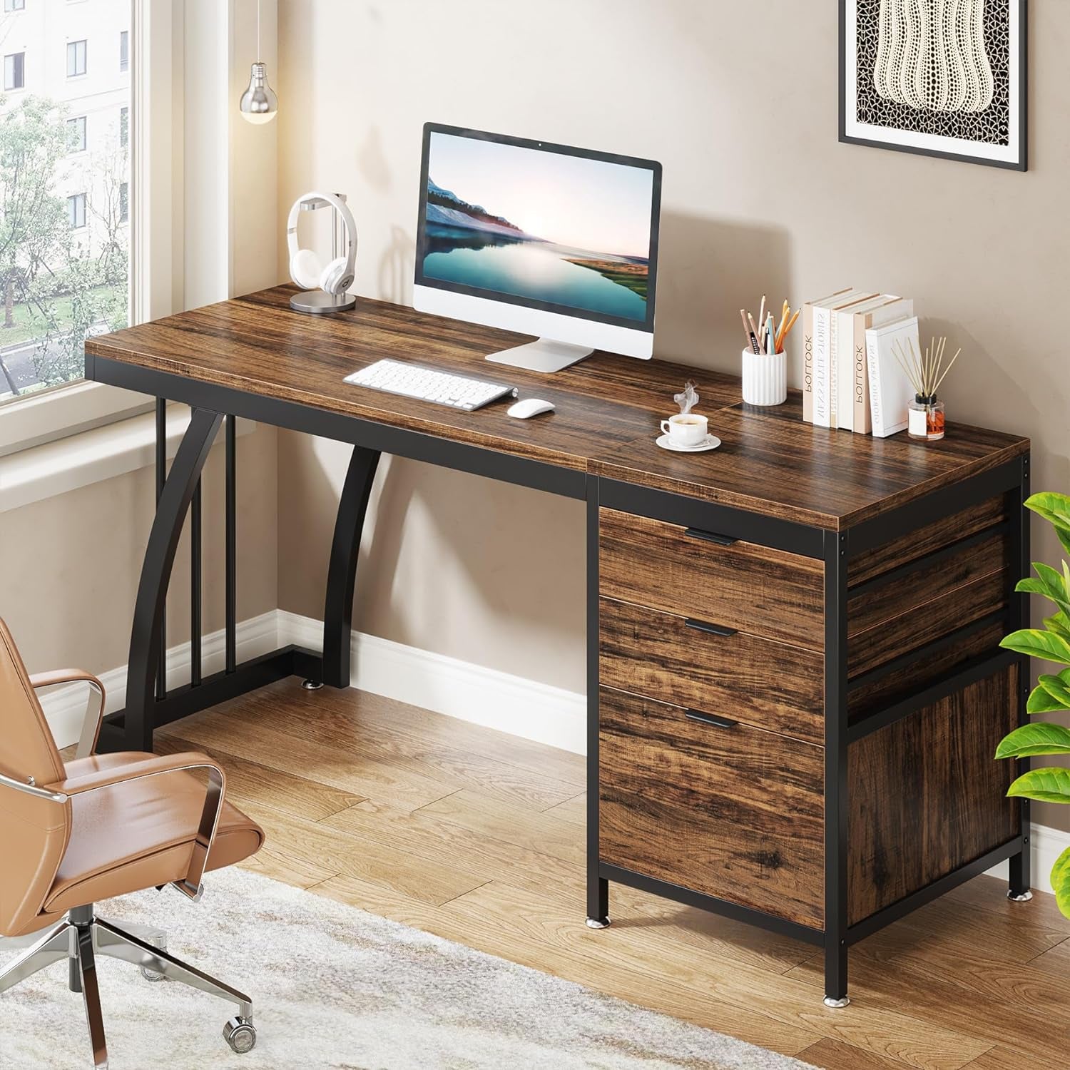 Computer Desk with 3 Drawers, 59-Inch PC Desk with Reversible Drawers, Industrial Study Writing Table Workstation with File Storage for Home Office, Rustic Brown