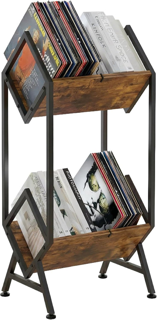 2-Tier Vinyl Record Storage, Metal Vinyl Record Holder for 160-200 LP Storage, Vintage Design Record Shelf for Albums Books Magazines Files, Matte Black- Designed for Your Vinyl Only