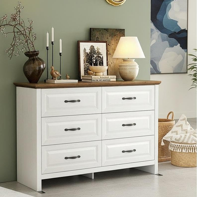 Farmhouse 6 Drawer Dresser, Wood Chest of Drawers with Natural Texture, Smooth Gliding Drawers, Versatile Storage Organizer Cabinet for Bedroom & Living Room, White and Brown