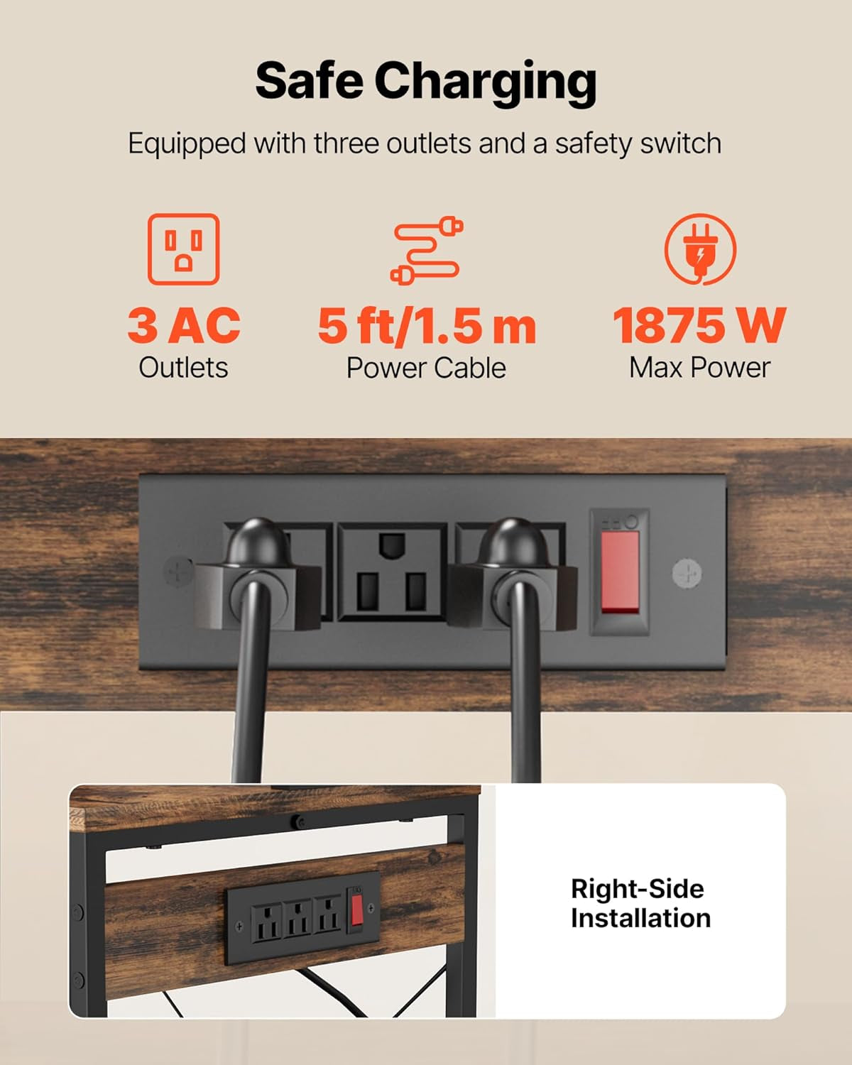 Kitchen Bakers Rack with Power Outlets, 35.4X15.7X70.9 Inch Microwave Stand with Built-In Power Strip & 5 Ft Cord, 10 S-Shaped Hooks, for Dish Storage, Spice Jars, Coffee Bar Organization