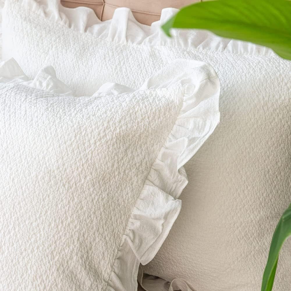 Pillow Shams Set of 2 Pure Cotton Champray Ruffled Edge,Thick and Solid Washed Dobby Heavy Fabric King 20X36 Inches