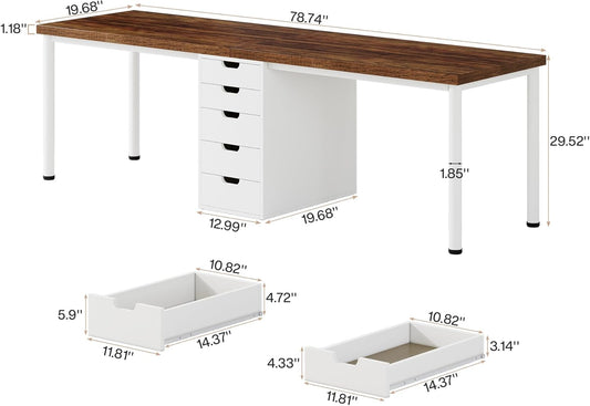 Two Person Computer Desk with 5 Drawers, 78.7 Inches Extra Long Double Office Desk, Modern Simple Double Computer Desk Study Writing Table Workstation for Home Office(Brown/White)