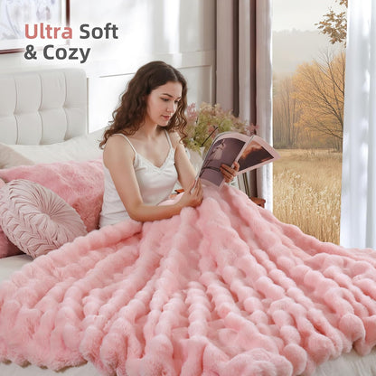 Faux Fur Throw Blanket for Couch – Blush Pink Fluffy Cozy Rabbit Fleece, Plush Soft Bubble Blanket for Sofa & Bed, for Mom, Warm Fuzzy Home Room Decor Throw 50" X 60"
