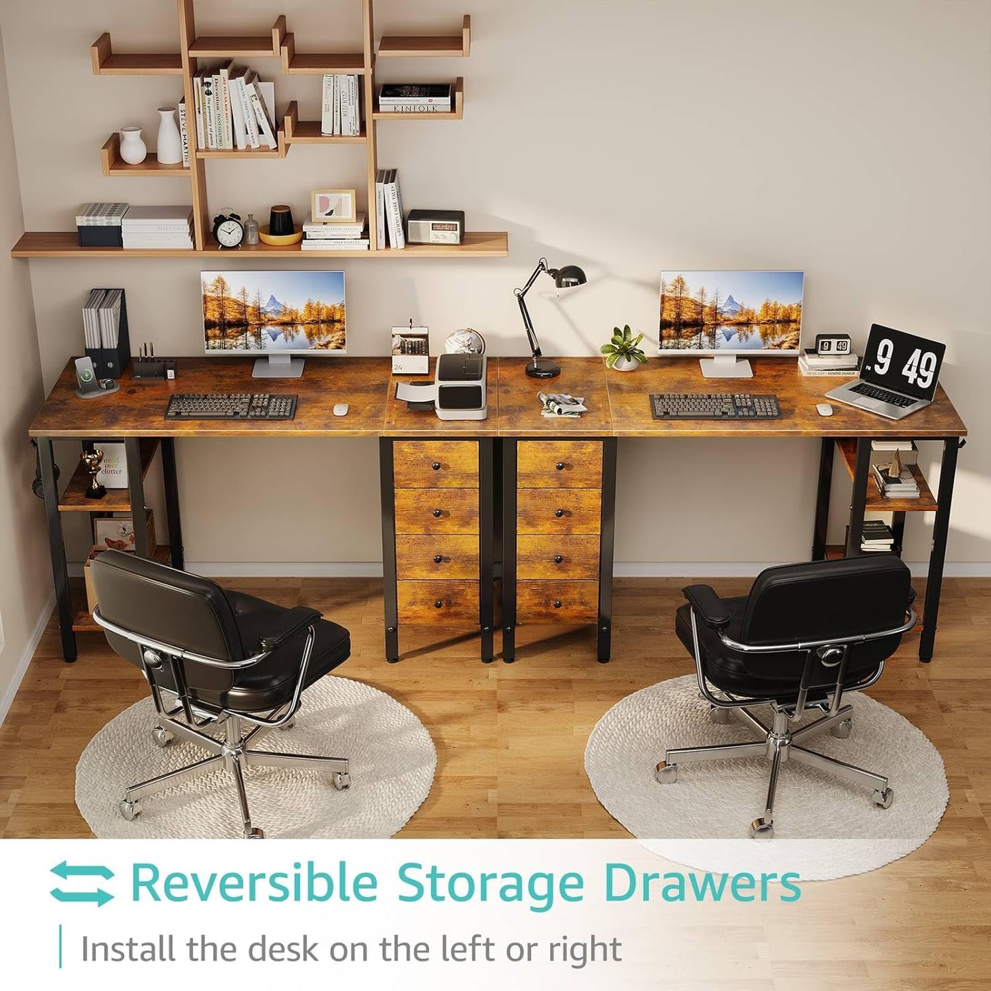 47 Inch Desk with 4 Drawers & Storage Shelves, Writing Work Study Computer Desk for Home Office Bedroom, Modern Simple Student PC Desks Table, Rustic Brown