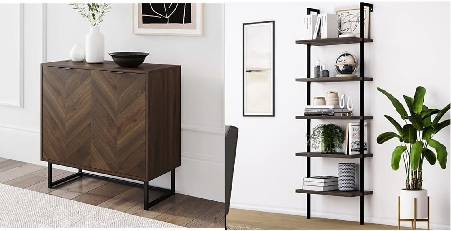 Storage, Buffet, Sideboard, Free Standing Accent Cabinet for Hallway, Entryway or Living Room, 1, Walnut/Black & Theo 5-Shelf Wood Modern Bookcase, Open Wall Mount Ladder Bookshelf