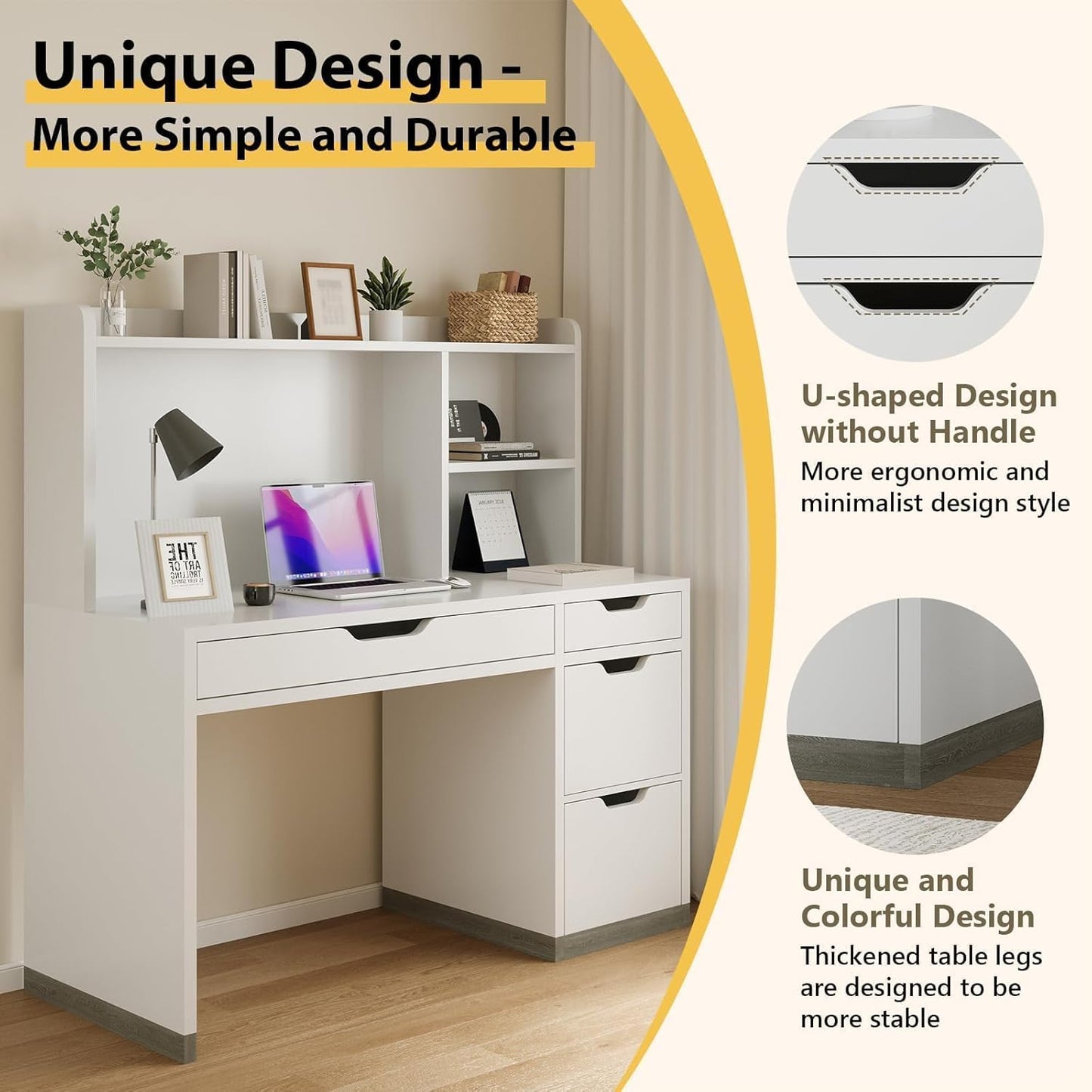 White Desk with Hutch and Drawers, 53 Inch Computer Desk with Storage File Drawer, White Study Desk with 4 Drawers for Bedroom, Small Space