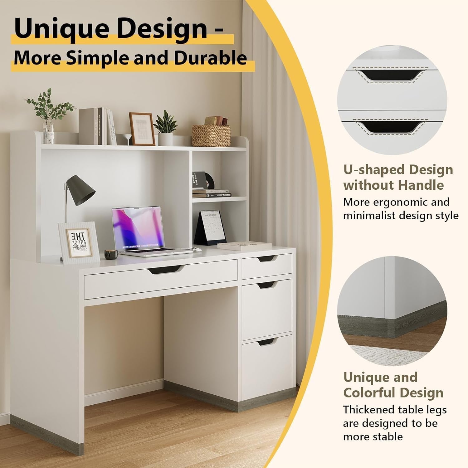 White Desk with Hutch and Drawers, 53 Inch Computer Desk with Storage File Drawer, White Study Desk with 4 Drawers for Bedroom, Small Space