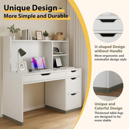 White Desk with Hutch and Drawers, 53 Inch Computer Desk with Storage File Drawer, White Study Desk with 4 Drawers for Bedroom, Small Space