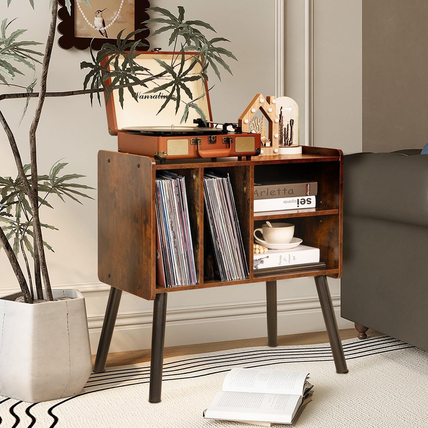 Record Player Table, Mid-Century Record Player Stand with Vinyl Storage Hold up to 150+ Albums, Vinyl Record Cabinet with Adjustable Shelves, Wood Turntable Stand for Music Living Room (Brown)