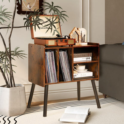 Record Player Table, Mid-Century Record Player Stand with Vinyl Storage Hold up to 150+ Albums, Vinyl Record Cabinet with Adjustable Shelves, Wood Turntable Stand for Music Living Room (Brown)