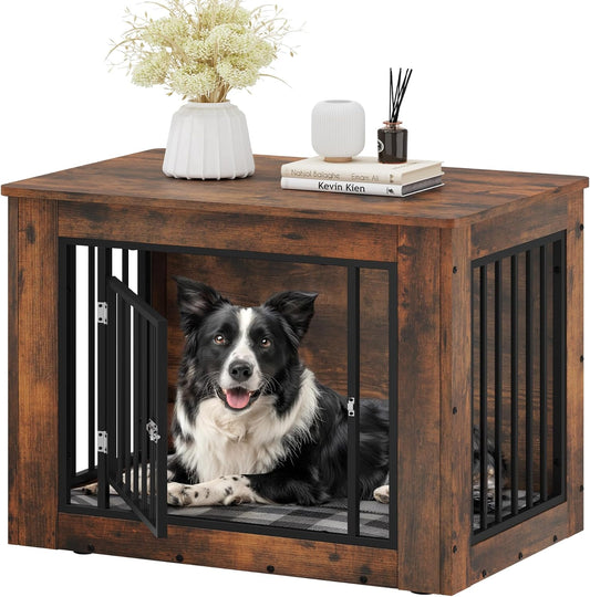 32.5" L Dog Crate Furniture for Medium Dogs, 2-In-1 Iron-Wood Fusion Dog Cage Indoor up to 40 Lb, Side End Table, Modern Dogs Kennel with Waterproof Top, Safety Corners,Steel Lock,Rustic