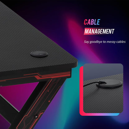 | 47" Gaming Desk | Red | Carbon Fiber Textured Computer Desk | Sturdy Steel Frame, Cup Holder, Headphone Hook, Cable Management Holes, Adjustable Leg Pads | for Gamers, Home, Office
