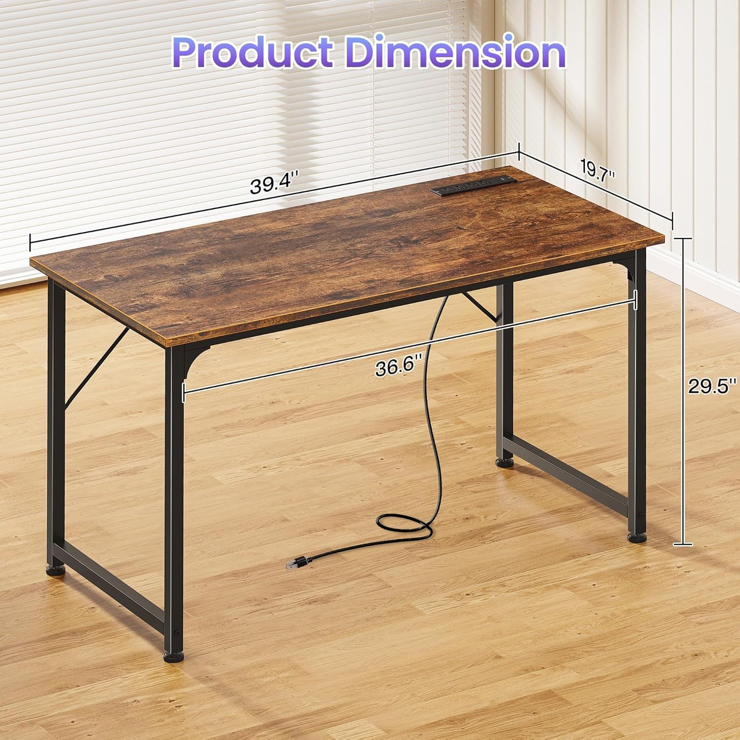 40 X 20 Inch Computer Desk with Power Outlets and USB-C Port, Gaming Office Desk with Deeper Desktop, Writing Work Desk for Home Office, Study, Bedroom, Metal Frame, Rustic Brown