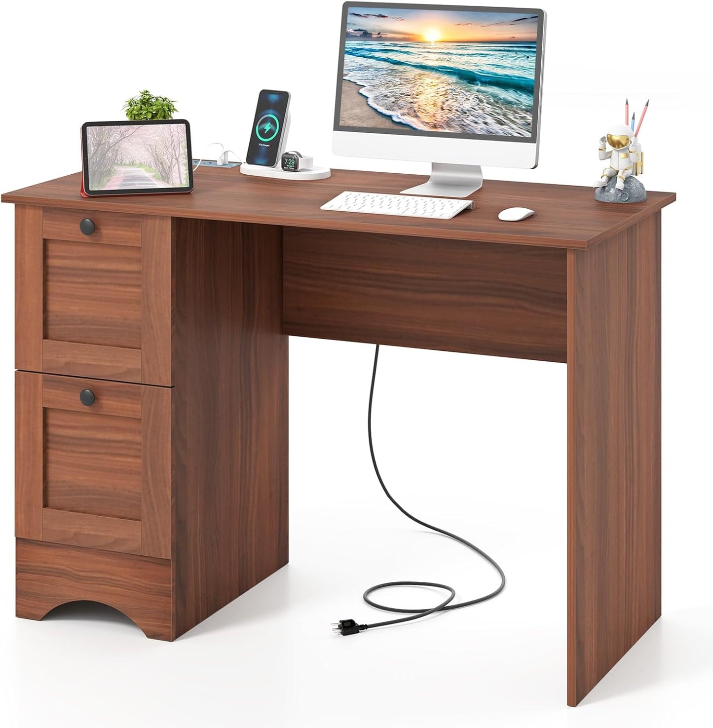 Computer Desk with 2 Storage Drawers, Study Table with Power Outlet, Laptop PC Desk with Storage, Work Table for Small Spaces, Workstation for Home & Office, Walnut