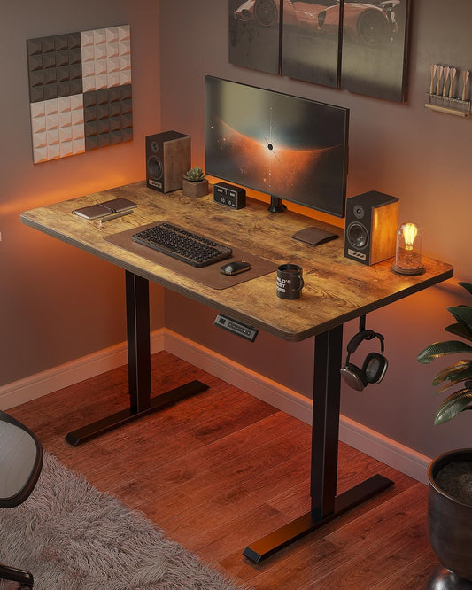 48 X 24 One-Piece Standing Desk, Adjustable Height Electric Computer Sit Stand up Home Office Workstation, with 4 Memory Presets, Headphone Hook, Brown