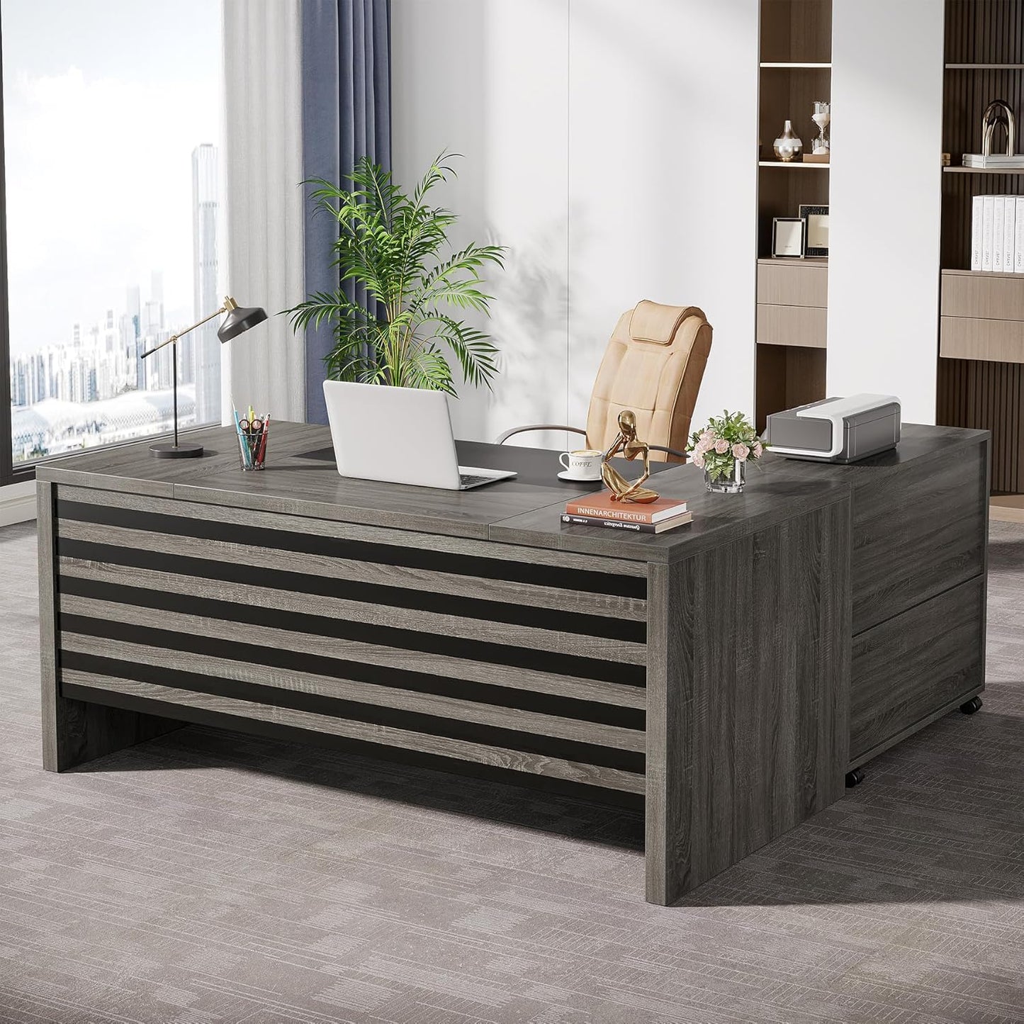 62.2" Executive Desk with Mobile File Cabinet, L-Shaped Office Desk with Storage Shelves, Large Computer Table Business Workstation Set for Home Office, Grey