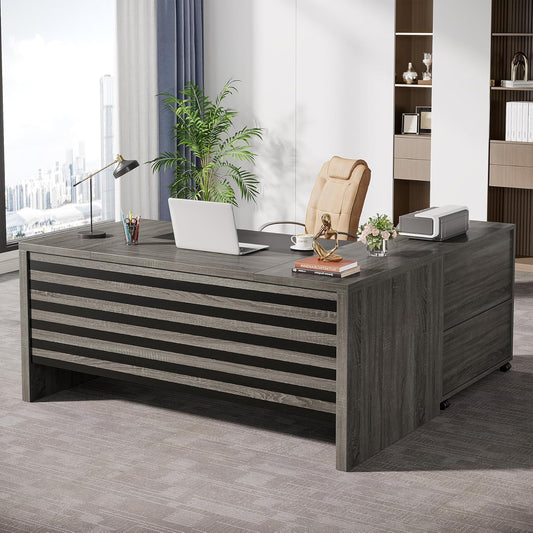 62.2" Executive Desk with Mobile File Cabinet, L-Shaped Office Desk with Storage Shelves, Large Computer Table Business Workstation Set for Home Office, Grey