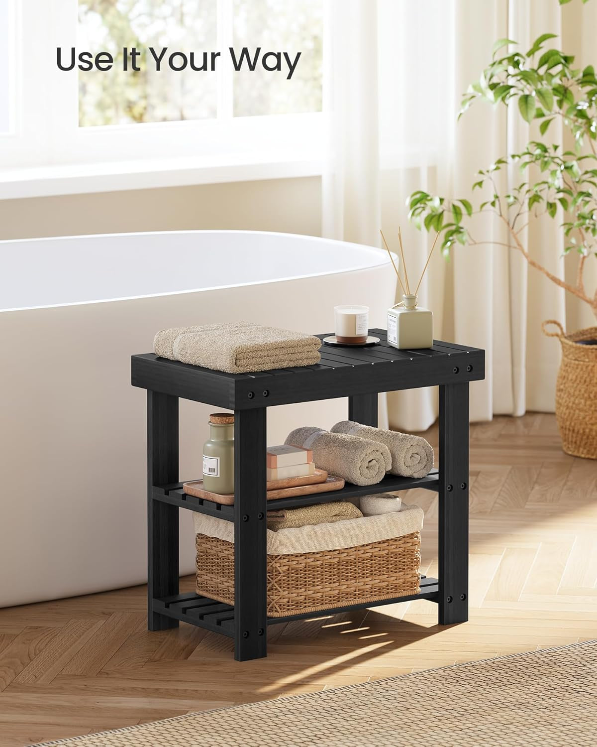 Shoe Rack Bench, 3-Tier Bamboo Shoe Storage Organizer, Entryway Bench, Holds up to 286 Lb, 11.3 X 19.7 X 17.8 Inches, for Entryway Bathroom Bedroom, Ink Black ULBS001B01