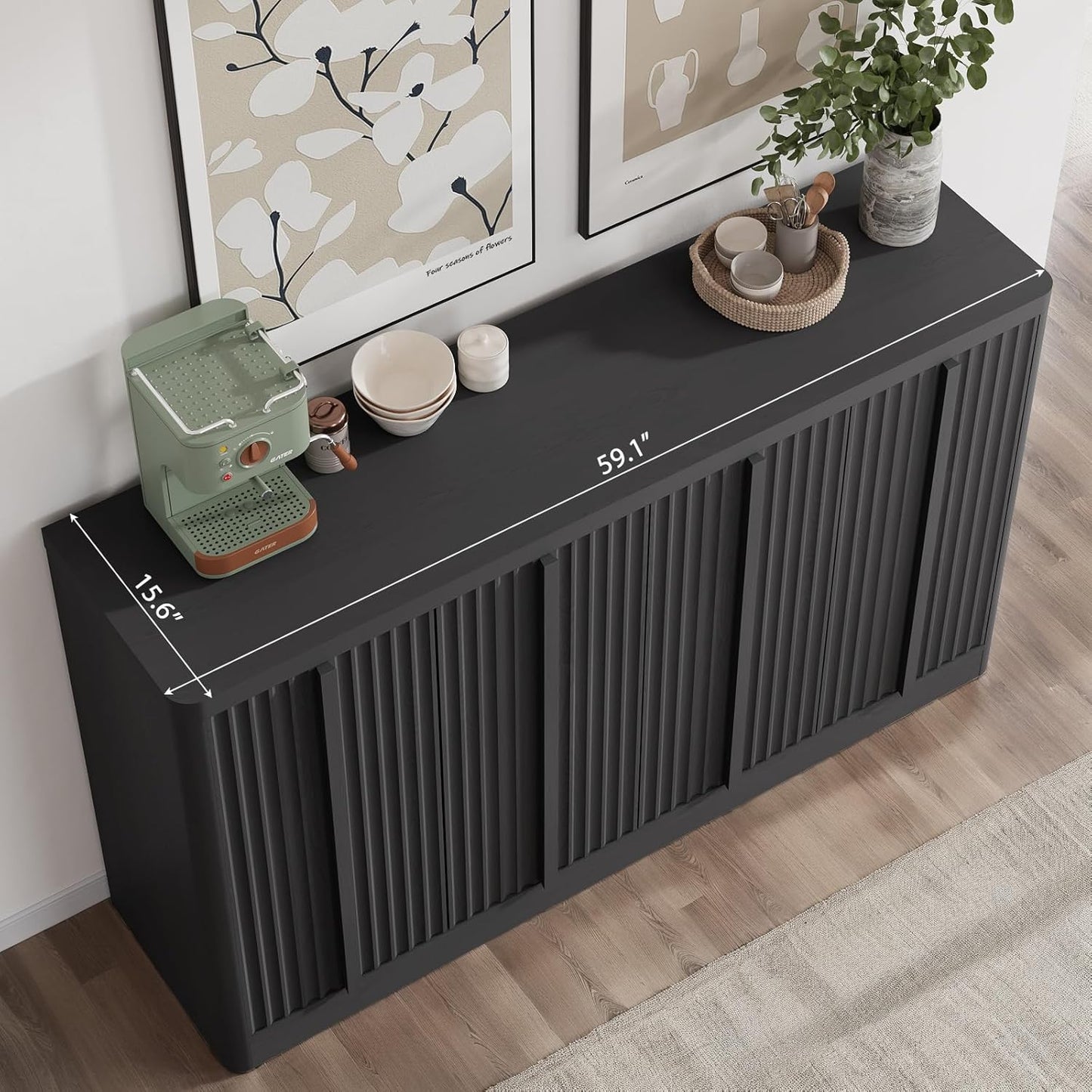 Fluted Buffet Cabinet with Storage, 60" Sideboard Buffet Storage Cabinet with 4 Doors & Adjustable Shelves, Wood Coffee Bar Credenza Accent Cabinet for Kitchen, Living Room, Black(1Pcs)