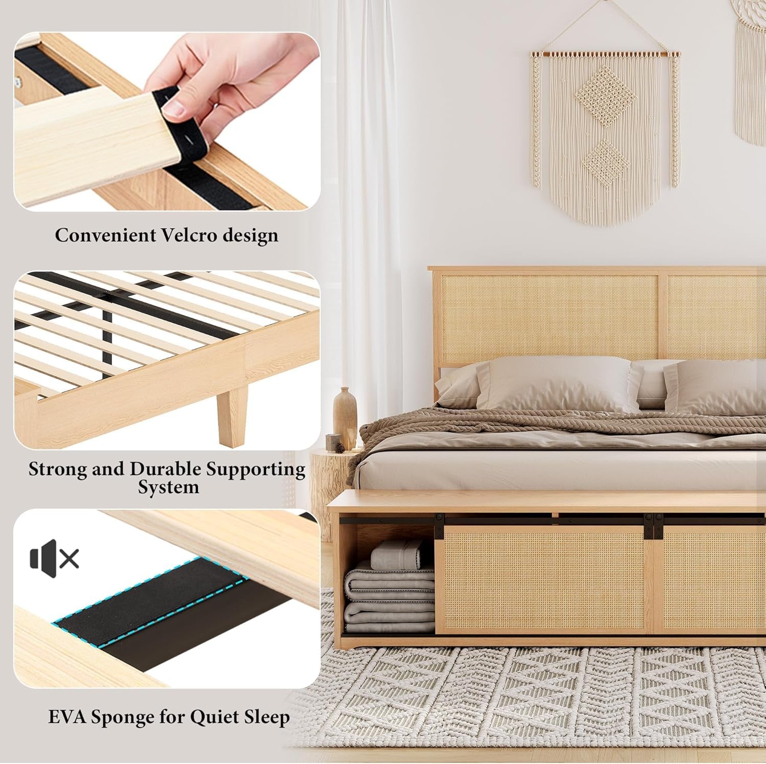 Natural Rattan Queen Size Bed Frame with Sliding Barn Door Storage Cabinets and LED Light Headboard, Boho Farmhouse Wood Platform Bed with Solid Wood Legs Support, No Box Spring Needed