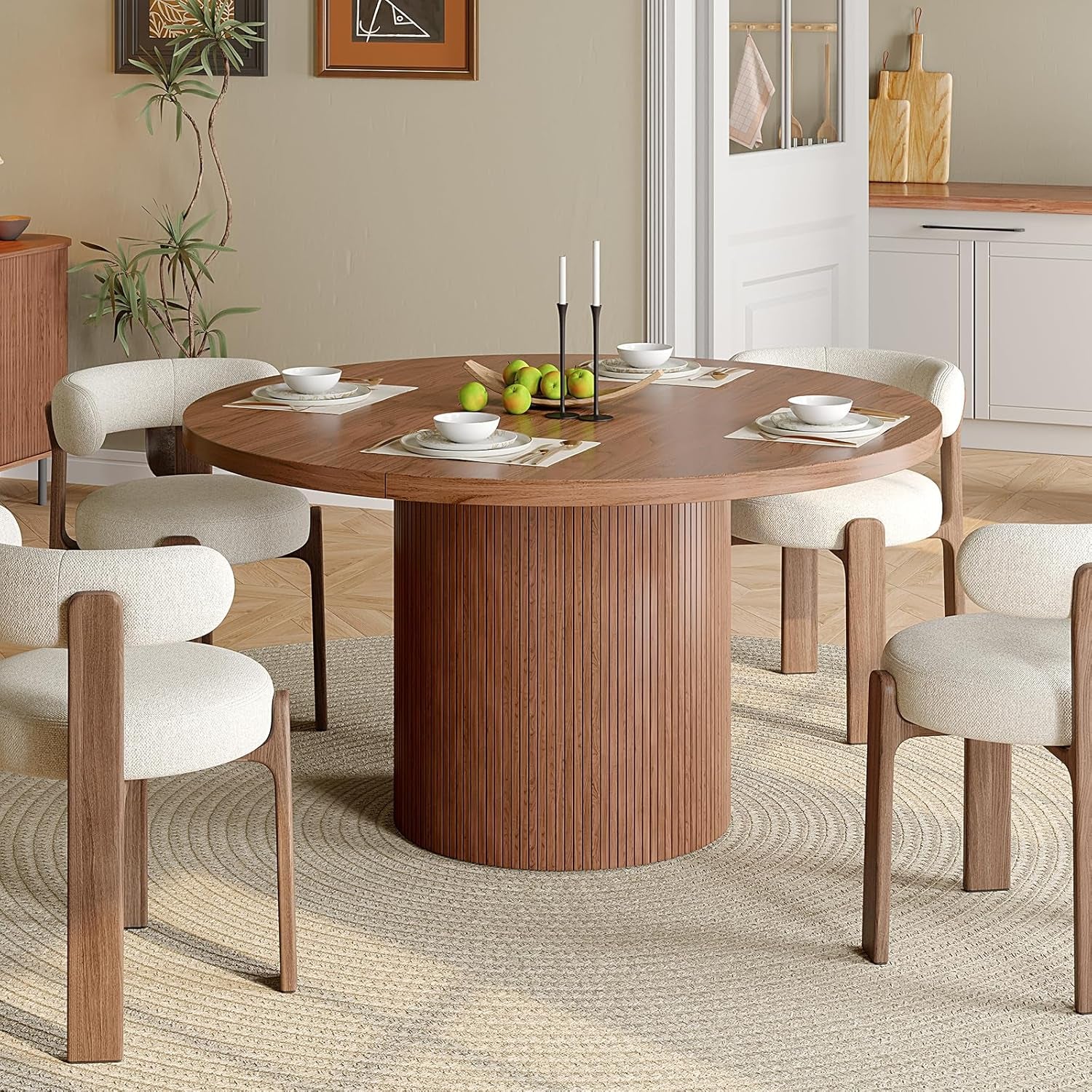 47 Inch round Dining Table for 4, Circle Kitchen Table with Wood Strip Base, Modern Farmhouse Dinner Tables for Kitchen, Living Room (Walnut)