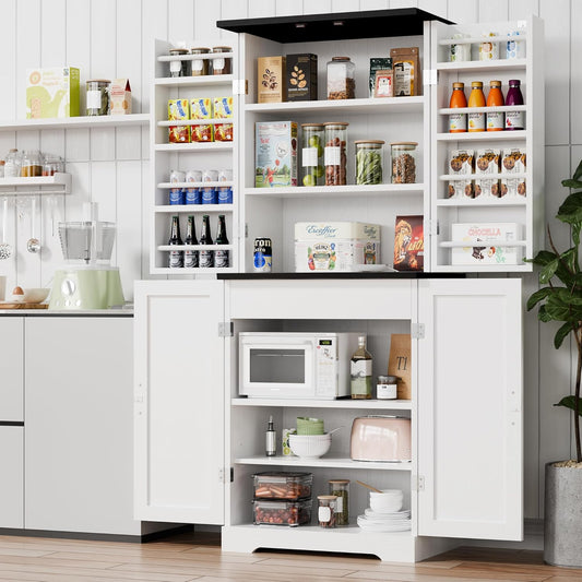 Kitchen Pantry Storage Cabinet with Barn Doors, Drawer and Adjustable Shelves, 6-Tier Tall Rustic Wood Cupboard Locker for Kitchen, Dining Room, Living Room, Bathroom, (White)