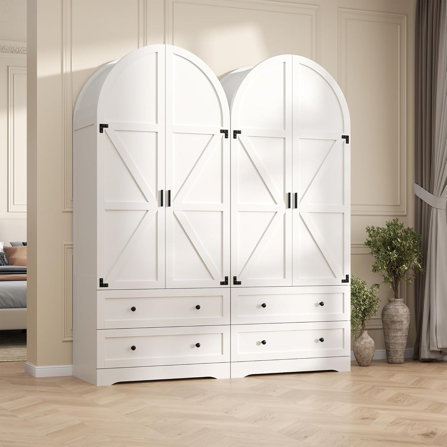 74.8" Armoire Wardrobe Closet with 2 Drawers and 2 Doors, Tall Bedroom Freestanding Armoire Storage Cabinet with Shelves, Wood Large Wardrobe Combination for Hanging Clothes (White)
