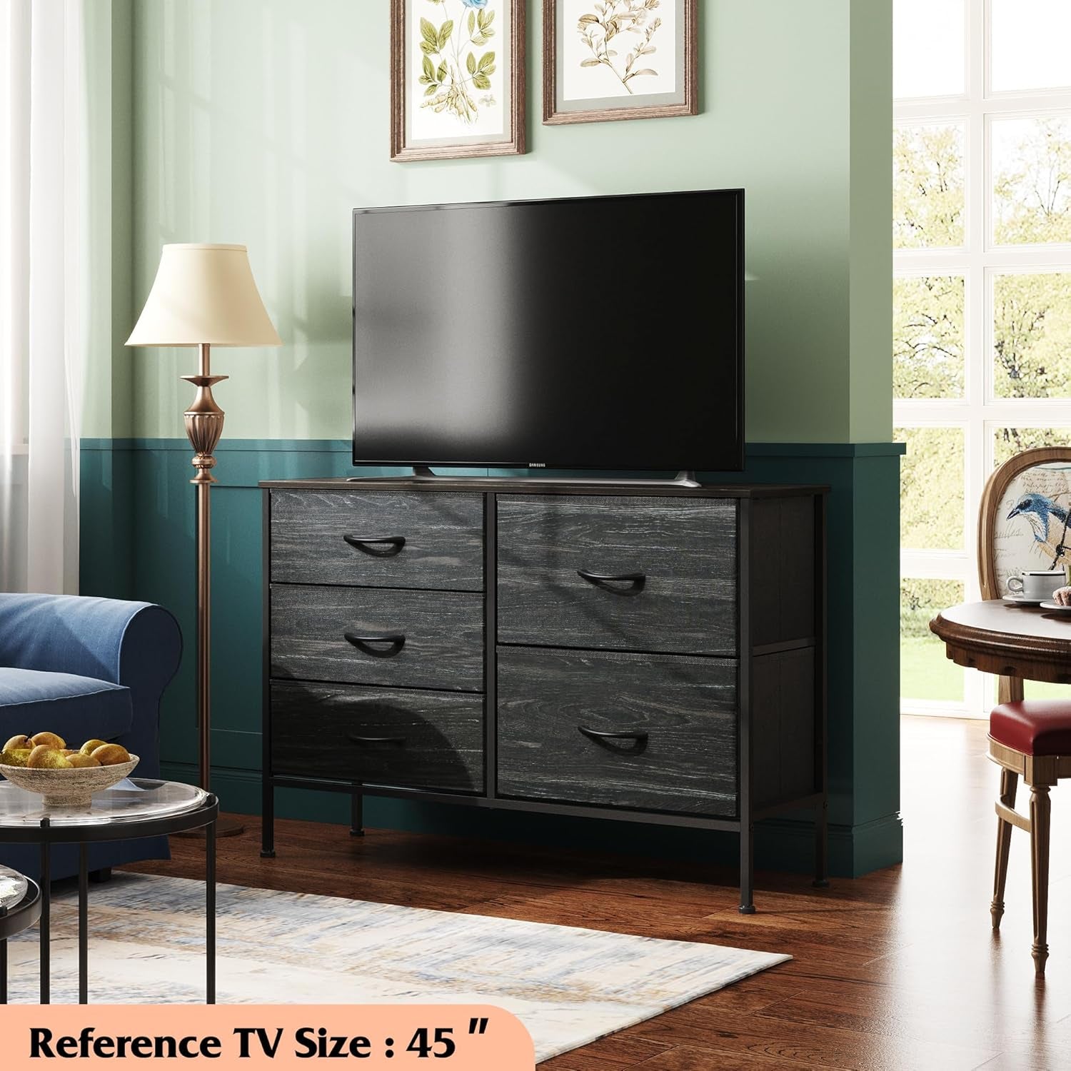 Dresser for Bedroom with 5 Drawers, Wide Dressers with Drawer Organizers, Chest of Drawers, Fabric Dresser for Living Room, Closet, Hallway, Charcoal Black Wood Grain Print