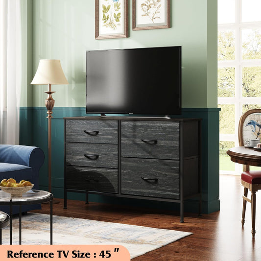 Dresser for Bedroom with 5 Drawers, Wide Dressers with Drawer Organizers, Chest of Drawers, Fabric Dresser for Living Room, Closet, Hallway, Charcoal Black Wood Grain Print