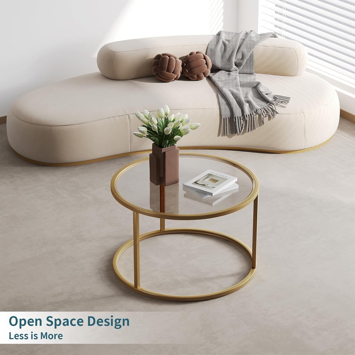 Small Glass Coffee Table round Gold Coffee Table for Small Space Modern Simple Center Table with Gold Frame for Living Room Home Office, Easy Assembly