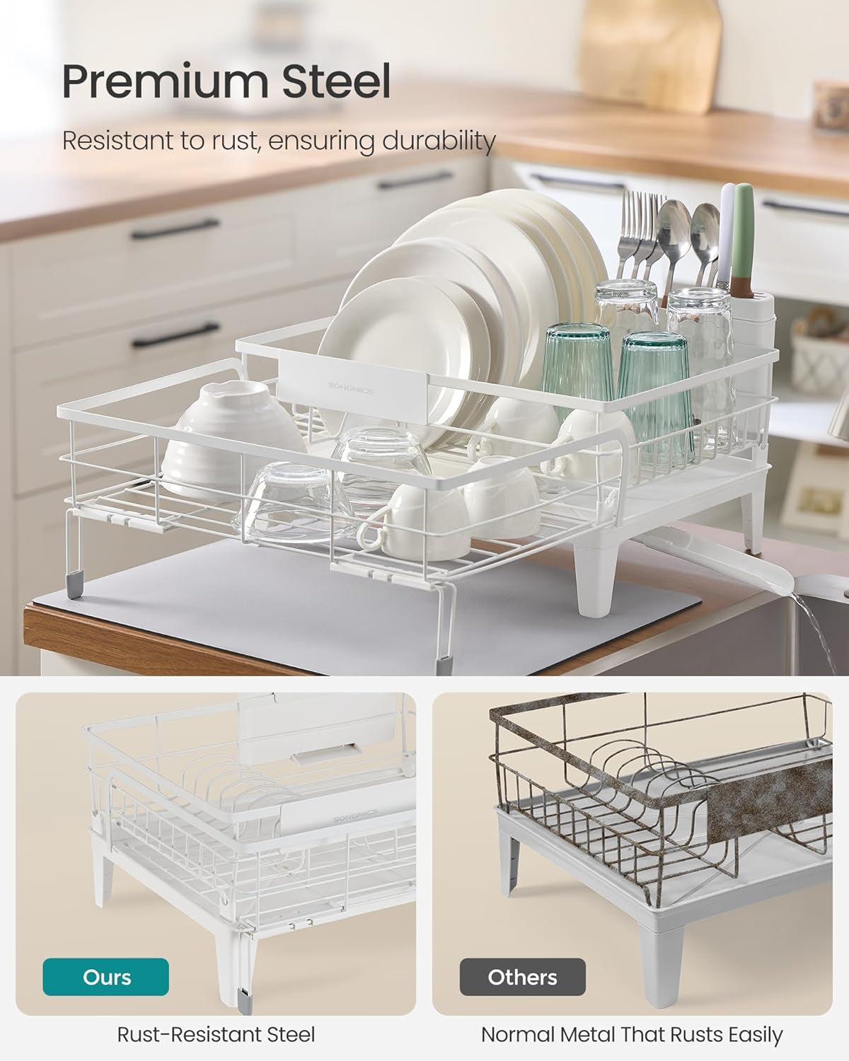 Dish Drying Rack, Kitchen Dish Rack, with Drainboard, 360° Rotatable and Extendable Spout, with Cutlery Holder, 12.2-22 X 16.5 X 7.9 Inches, Matte White and Dove Gray UKCS552W01