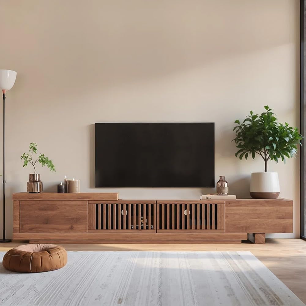 Mid-Century Modern Extendable 78.5"-105" TV Stand for Tvs up to 70"-100",Entertainment Centers with 2 Drawers and 2 Storage Units, for Living Room,Bedroom,Walnut