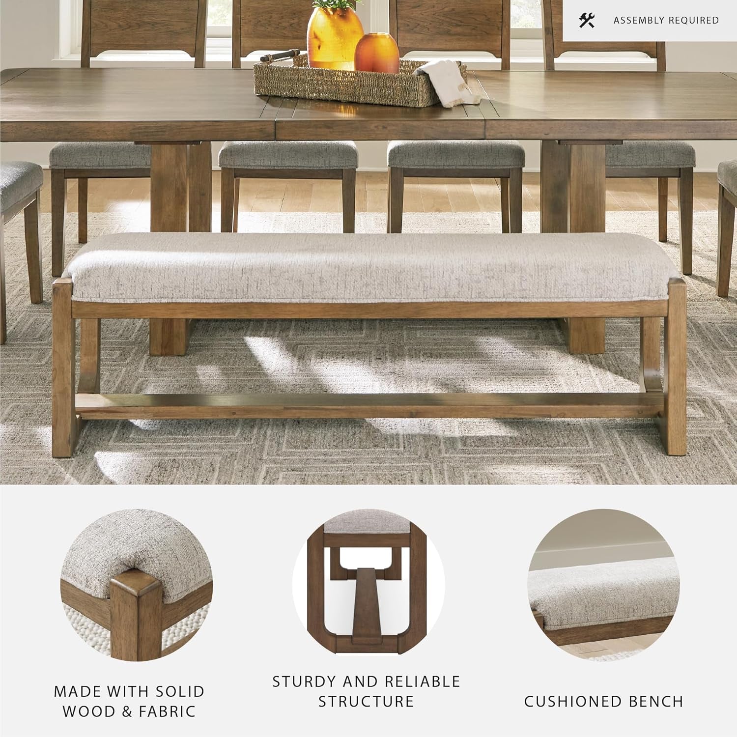Signature Design by Ashley Cabalynn Farmhouse Upholstered Dining Bench, Foam Cushion, Hardwood Solids, 63.5" W X 16.5" D X 19.75" H, Beige & Light Brown