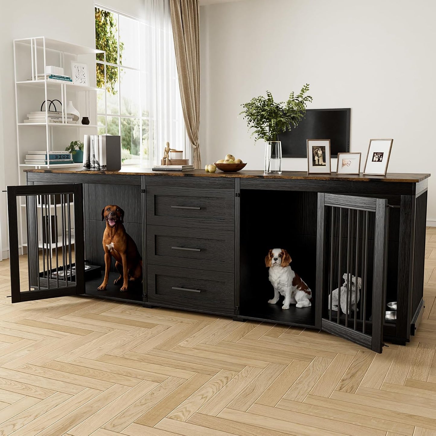 94.5" Large Dog Crate Furniture for 2 Dogs, Double Wooden Dog Kennel Furniture with 4 Dog Bowls & 3 Drawers, Heavy Duty Indoor Furniture Style Dog Cage TV Stand/Table/House, Black