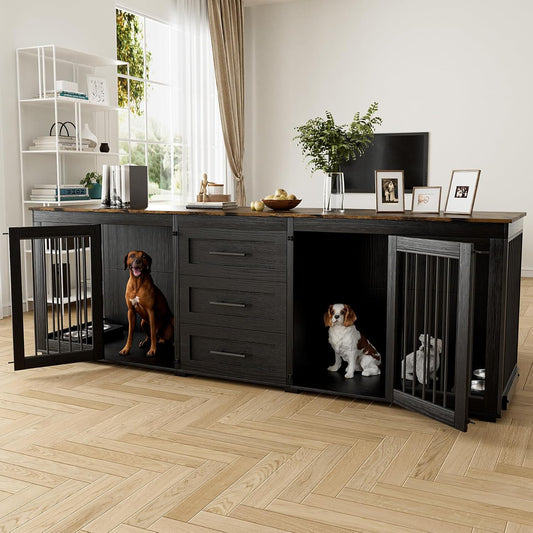 94.5" Large Dog Crate Furniture for 2 Dogs, Double Wooden Dog Kennel Furniture with 4 Dog Bowls & 3 Drawers, Heavy Duty Indoor Furniture Style Dog Cage TV Stand/Table/House, Black