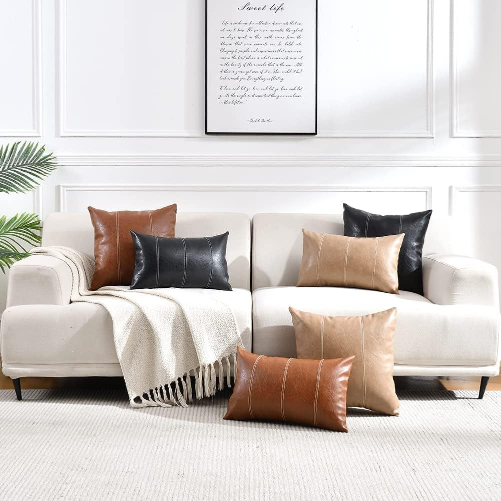 2 Packs Brown Boho Lumbar Faux Leather Decorative Throw Pillow Covers 12X20 Inch for Living Room Couch Bed Sofa, Hand Stitched Rectangle Cushion Case, Rustic Modern Farmhouse Home Decor