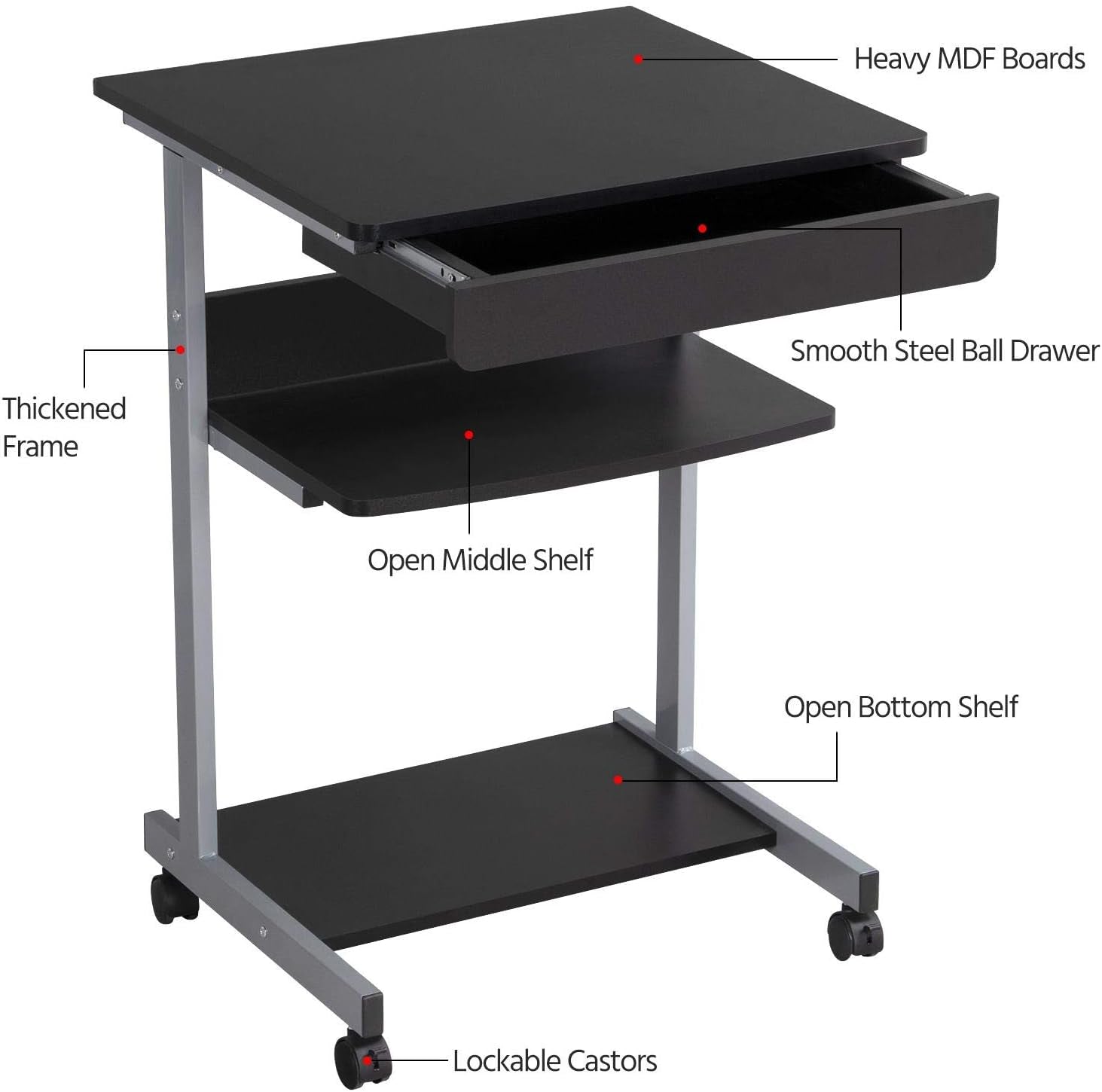 Mobile Computer Desk Cart, Small Rolling Laptop Desk PC Table Workstation with Drawer and Printer Shelf, Writing Desk Table for Small Space/Home Office