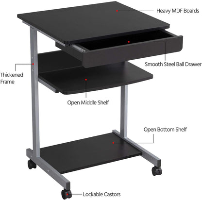 Mobile Computer Desk Cart, Small Rolling Laptop Desk PC Table Workstation with Drawer and Printer Shelf, Writing Desk Table for Small Space/Home Office