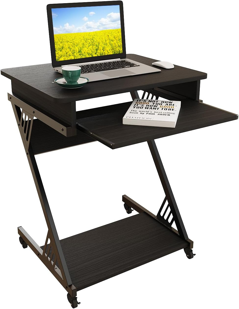 Computer Desk for Small Spaces,23.6" Z-Shaped Compact Study Table with Smooth Keyboard Tray,With Wheels and Bottom Shelves for Home Office，Computer Cart Mobile Laptop Cart