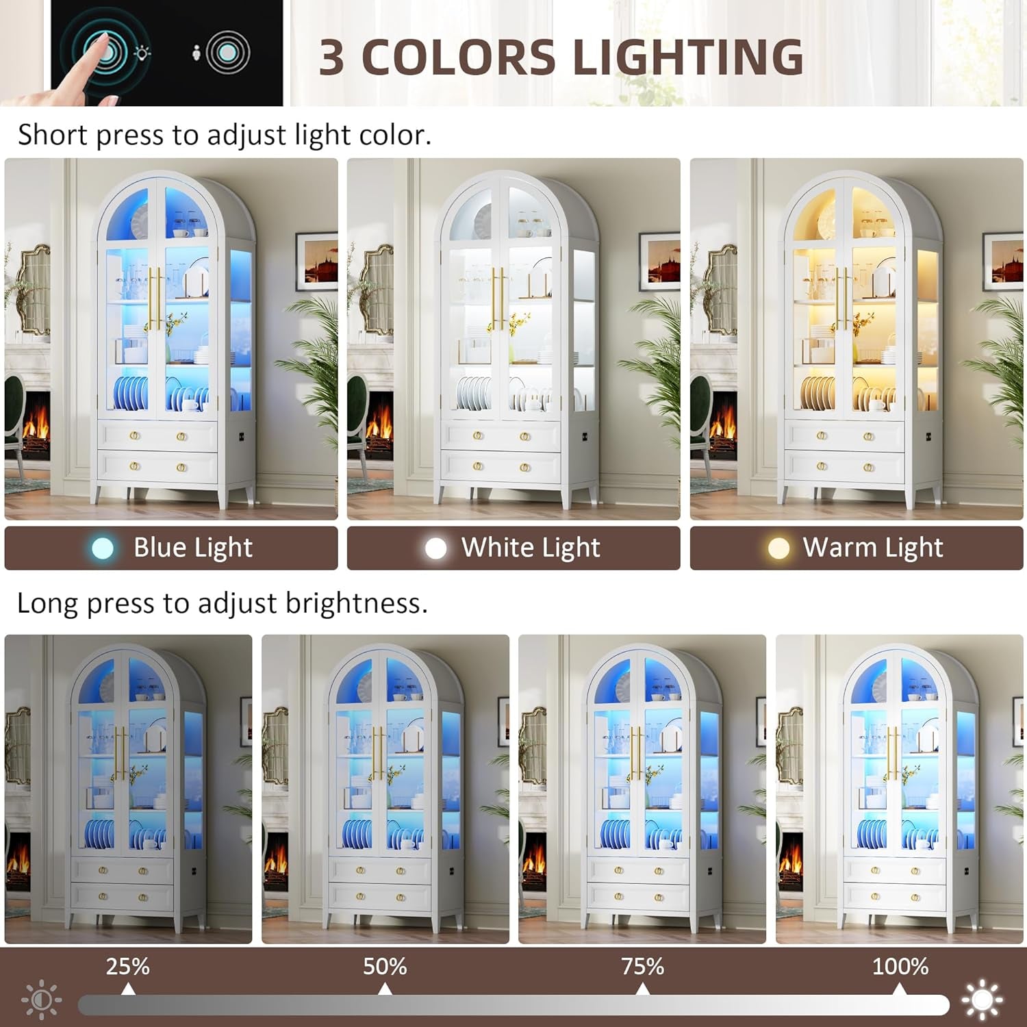 71 Inch Arched Curio Cabinet, 4-Tier Display Cabinet and 2 Drawers, Tall Bookcase with 3 Color Lights, Display Case with Glass Doors, Kitchen Pantry, White