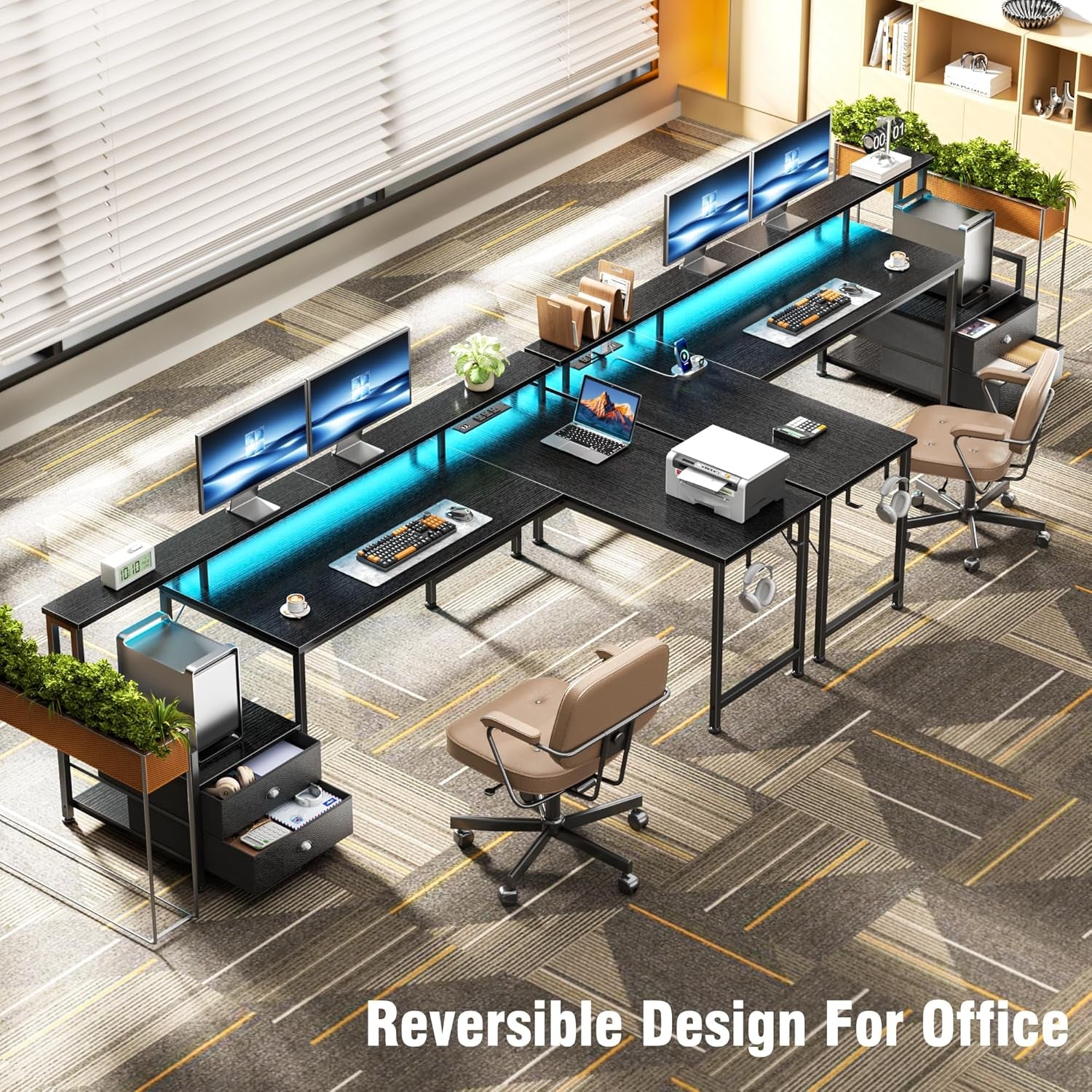66'' L Shaped Gaming Desk with Drawers and Storage Shelves, Reversible Corner Desk with Power Outlets and Host Stand, Large Computer Desk with Led Lights for Gaming, Work, Home Office, Black
