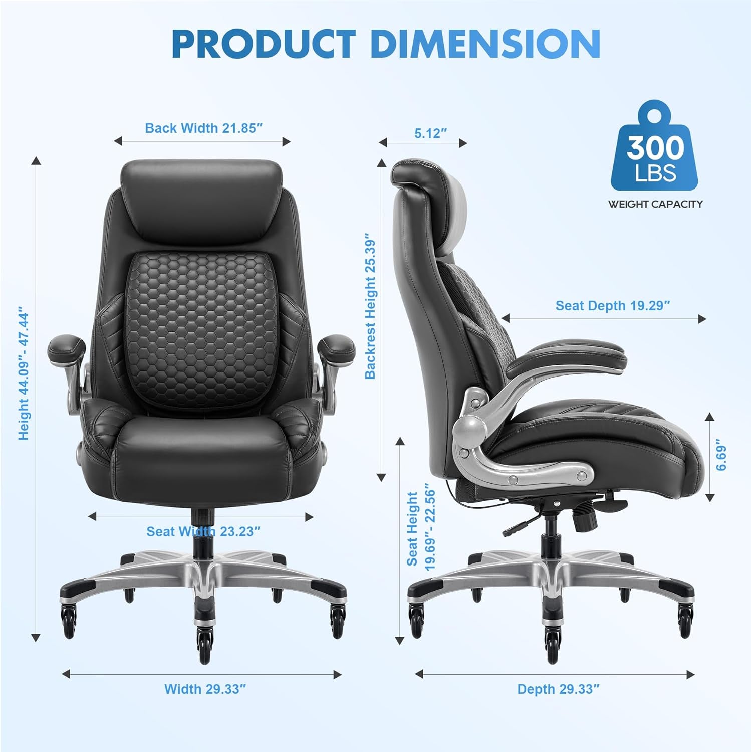 Office Ergonomic Desk High Back Executive Chair with Pop-Out Lumbar Support, Upgraded Casters, Adjustable Headrest, Flip-Up Arms, Leather Home with Thick Cushion for Comfort - Black